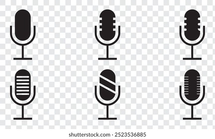 Conjunto de iconos de micrófono. Icono de micrófono variante. Micrófono de karaoke. Micrófono de podcast. Web e iconos móviles. Ilustración vectorial. Icono de micrófono (micrófono) tachado. Símbolo de voz o sonido. EPS 10.