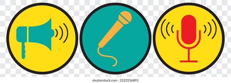 Conjunto de iconos de micrófono. Icono de micrófono variante. Micrófono de karaoke. Micrófono de podcast. Web e iconos móviles. Ilustración vectorial. Icono de micrófono (micrófono) tachado. Símbolo de voz o sonido. EPS 10.