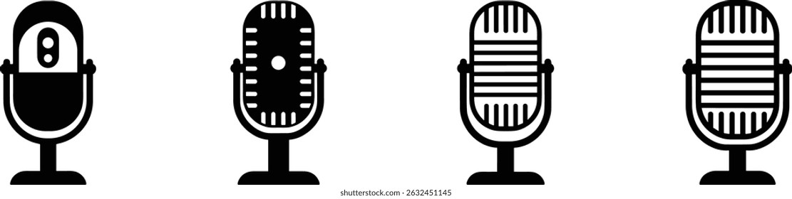 Mikrofonsymbole eingestellt. Variantenmikrofon-Symbol. Karaoke-Mikro. Podcast-Mikrofon. Web- und mobile Symbole. 