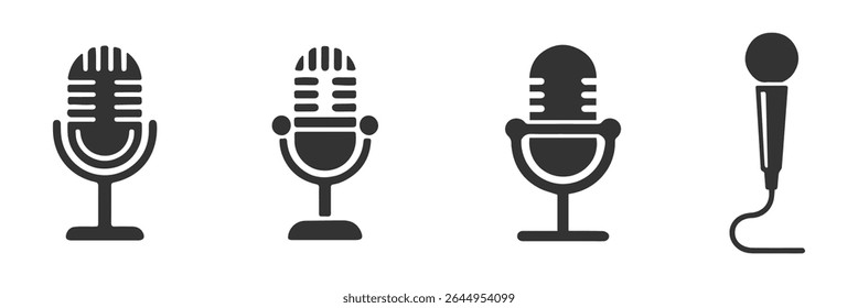 Ícones de microfone definidos. ícone de microfone variante. Microfone de Karaokê. Podcast microfones, design de logotipo podcast com logotipo de microfone, ícone de estilo linear. Representa um microfone para gravação. Eps 10.