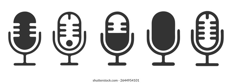 Ícones de microfone definidos. ícone de microfone variante. Microfone de Karaokê. Podcast microfones, design de logotipo podcast com logotipo de microfone, ícone de estilo linear. Representa um microfone para gravação. Eps 10.