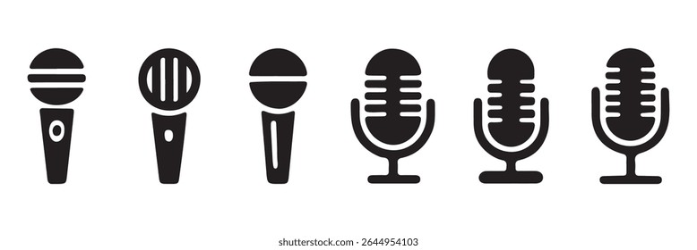 Ícones de microfone definidos. ícone de microfone variante. Microfone de Karaokê. Podcast microfones, design de logotipo podcast com logotipo de microfone, ícone de estilo linear. Representa um microfone para gravação. Eps 10.