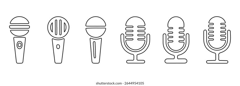 Ícones de microfone definidos. ícone de microfone variante. Microfone de Karaokê. Podcast microfones, design de logotipo podcast com logotipo de microfone, ícone de estilo linear. Representa um microfone para gravação. Eps 10.