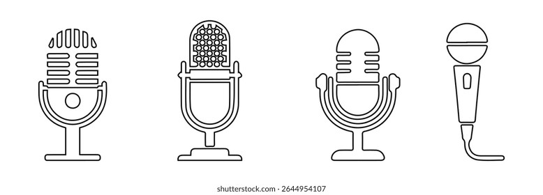 Ícones de microfone definidos. ícone de microfone variante. Microfone de Karaokê. Podcast microfones, design de logotipo podcast com logotipo de microfone, ícone de estilo linear. Representa um microfone para gravação. Eps 10.