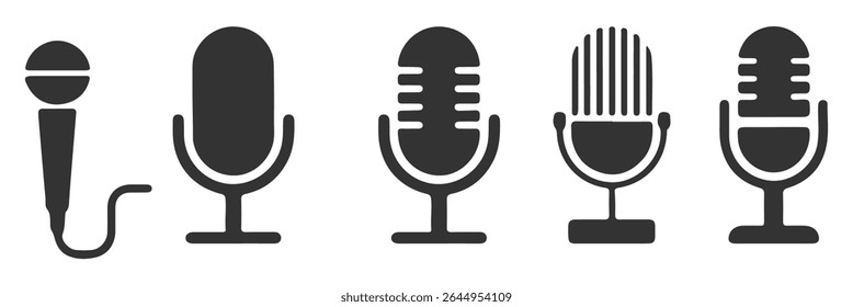 Ícones de microfone definidos. ícone de microfone variante. Microfone de Karaokê. Podcast microfones, design de logotipo podcast com logotipo de microfone, ícone de estilo linear. Representa um microfone para gravação. Eps 10.