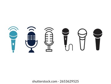 Ícones de microfone definidos. ícone de microfone variante. Microfone de Karaokê. 
Microfone Podcast. ícones da web e móveis. ilustração vetorial.