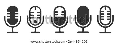 Microphone Icons set. variant microphone icon. Karaoke mic. Podcast microphones,  logo design podcast with microphone logo, linear style icon. Represents a microphone for recording. Eps 10.