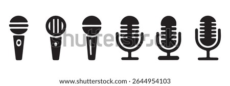 Microphone Icons set. variant microphone icon. Karaoke mic. Podcast microphones,  logo design podcast with microphone logo, linear style icon. Represents a microphone for recording. Eps 10.
