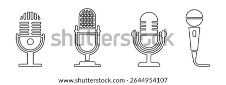 Microphone Icons set. variant microphone icon. Karaoke mic. Podcast microphones,  logo design podcast with microphone logo, linear style icon. Represents a microphone for recording. Eps 10.