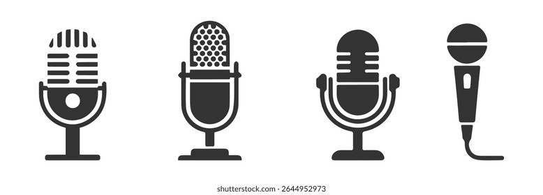 Microphone Icons set. variante do microfone Karaoke mic. Microfones de podcast. ícones da web e do rádio. Coleção de microfones diferente. Microfone do podcast, microfone do jornalista, karaokê. EPS 10. 