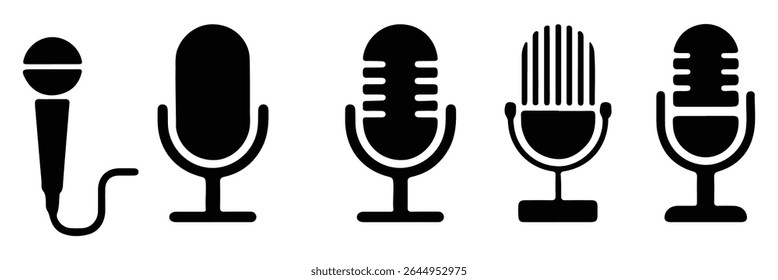 Microphone Icons set. variant of microphone Karaoke mic. Podcast microphones. web and radio icons. Different microphone collection. Podcast mike, journalist microphone, karaoke. EPS 10. 