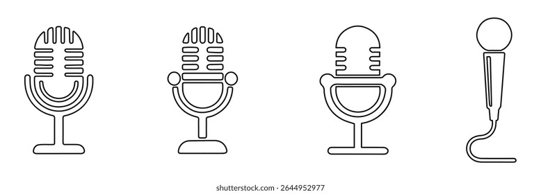 Microphone Icons set. variante do microfone Karaoke mic. Microfones de podcast. ícones da web e do rádio. Coleção de microfones diferente. Microfone do podcast, microfone do jornalista, karaokê. EPS 10. 