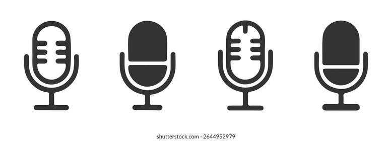 Microphone Icons set. variante do microfone Karaoke mic. Microfones de podcast. ícones da web e do rádio. Coleção de microfones diferente. Microfone do podcast, microfone do jornalista, karaokê. EPS 10. 
