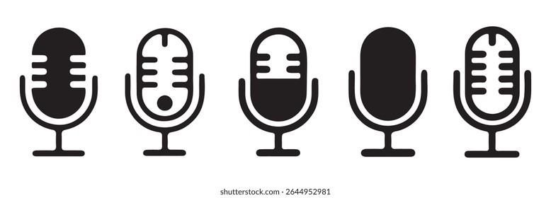 Microphone Icons set. variante do microfone Karaoke mic. Microfones de podcast. ícones da web e do rádio. Coleção de microfones diferente. Microfone do podcast, microfone do jornalista, karaokê. EPS 10. 