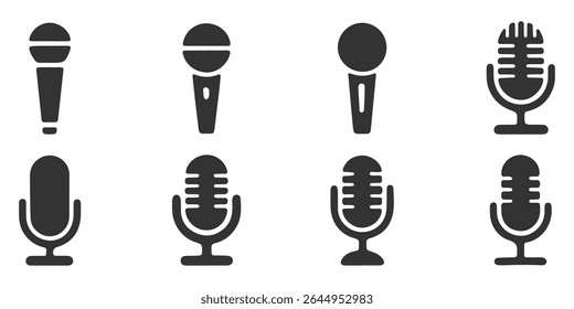 Microphone Icons set. variant of microphone Karaoke mic. Podcast microphones. web and radio icons. Different microphone collection. Podcast mike, journalist microphone, karaoke. EPS 10. 