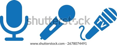 Microphone Icons Set. Voice Recording, Singing, Podcast, TV News, Broadcast, stage Performance, Interview, Audio Mic Symbols, Media Equipment Vector.