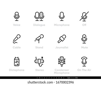 Microphone icons. Stereo, Journalistic, Studio, Radio Microphone set. Editable line vector set on white background