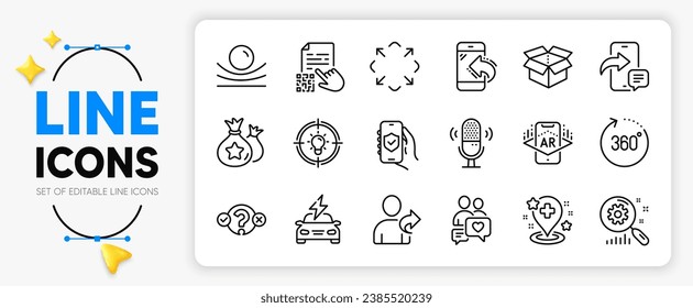 Micrófono, llamadas entrantes y iconos de línea de puntos de lealtad establecidos para la aplicación incluyen Cargador de coche, Idea, Icono delgado del contorno de prueba del test del test. Chat de citas, realidad aumentada, icono del pictograma de amigos de referencia. Vector