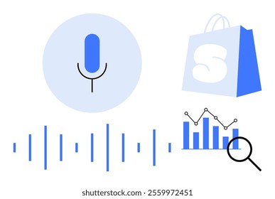 Microphone inside blue circle, voice waveform, blue shopping bag with white S, bar chart with data points and magnifying glass. Ideal for voice recognition technology, online shopping, data analysis