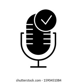 Microphone installation glyph icon. Sound recorder connected. Successful connection. Voice control, speech recognition process. Silhouette symbol. Negative space. Vector isolated illustration
