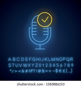 Microphone installation neon light icon. Sound recorder connected idea. Voice control, speech recognition process. Glowing sign with alphabet, numbers and symbols. Vector isolated illustration