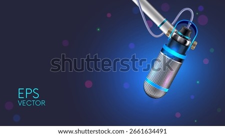 Microphone for Internet streaming and podcasts close-up on a dark background. Microphone for bloggers and journalists on a neon-illuminated bracket. wallpaper with a beautiful glowing microphone.