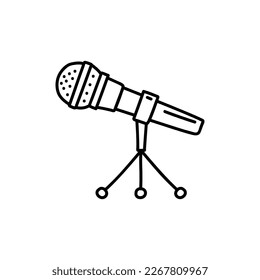 Micrófono aislado de fondo blanco. Artículo musical para cantar, actuaciones, karaoke. Ilustración de vectores dibujada a mano en estilo doodle. Perfecto para tarjetas, decoraciones, logotipo.