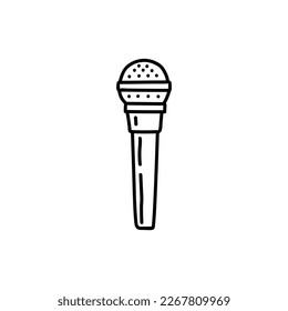 Micrófono aislado de fondo blanco. Artículo musical para cantar, actuaciones, karaoke. Ilustración de vectores dibujada a mano en estilo doodle. Perfecto para tarjetas, decoraciones, logotipo.