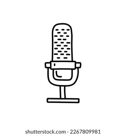 Microphone isolated on white background. Musical item for singing, performances, karaoke. Vector hand-drawn illustration in doodle style. Perfect for cards, decorations, logo.