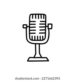 Mikrofon einzeln auf weißem Hintergrund. Musikstück zum Singen, Aufführungen, Karaoke. Vektorhandgezeichnete Illustration im Doodle-Stil. Ideal für Karten, Dekorationen, Logo.