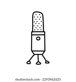 Micrófono aislado de fondo blanco. Artículo musical para cantar, actuaciones, karaoke. Ilustración de vectores dibujada a mano en estilo doodle. Perfecto para tarjetas, decoraciones, logotipo.