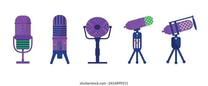 Microphone isolated on white set, vector illustration. Radio mic device icon for record audio sound and music, voice speech in studio. Broadcast media object collection, communication equipment.