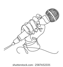 Microphone for Karaoke, doodle style, sketch illustration, hand drawn, vector.Microphone with wire isolated on white background. Musical item for singing, performances, karaoke.