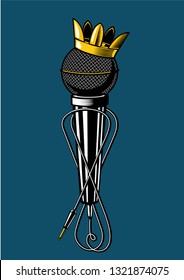 Microphone with kings crown. Vintage music poster. Musical sign with mic.