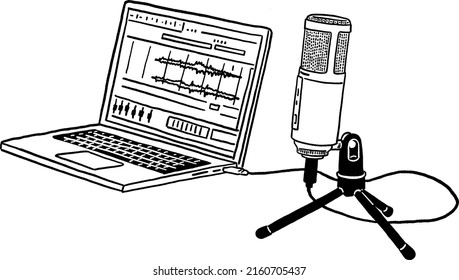 Microphone with Laptop Voice Records mixer program Audio equipment Hand drawn Line art Illustration