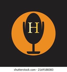 Microphone Latter H  Logo Icon. Sound Recording Studio. Space Recorder Items. Potcast Logo Vector Illustration

