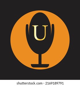 Microphone Latter U  Logo Icon. Sound Recording Studio. Space Recorder Items. Potcast Logo Vector Illustration

