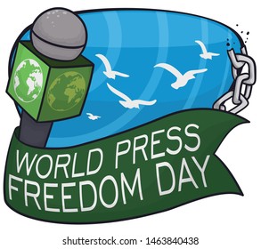 Microphone like radio antenna, flying doves, broken chain and greeting ribbon as symbolic elements to celebrate World Press Freedom Day.