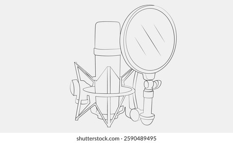 Microphone line drawing vector illustration. The headphones and retro microphone icon are set over a white background.