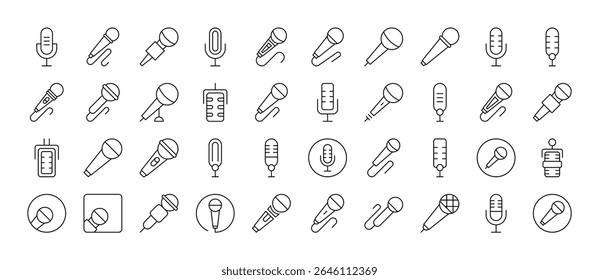 Symbolpaket für Mikrofonzeilen. Umrissschilder für Grafik- und Webdesign, Apps, Werbung, verschiedene Karten 