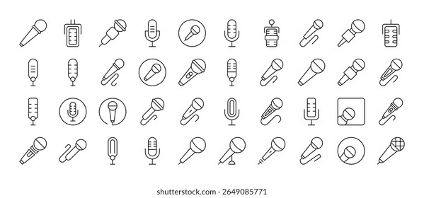 Coleção de Ícones de Linha de Microfone. Outline Signs para Gráficos e Web Design, Apps, Anúncios, Vários Cartões 