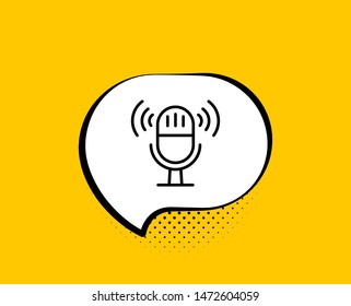 Microphone line icon. Comic speech bubble. Music mic sign. Musical device symbol. Yellow background with chat bubble. Microphone icon. Colorful banner. Vector