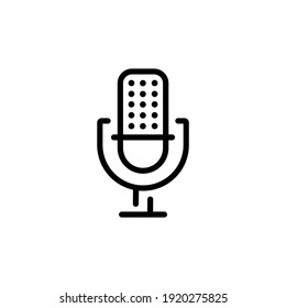 Microphone line icon isolated on white background. Logo for podcast, radio, interview. Outline flat design, Vector illustration.