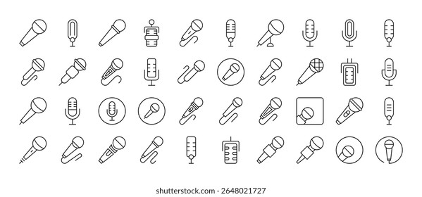 Pacote de Ícones de Linha de Microfone. Outline Signs para Gráficos e Web Design, Apps, Anúncios, Vários Cartões 