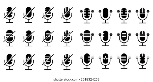 Microphone line icon set for website marketing design, logo, app, etc. Minimal style line icons with editable stroke.