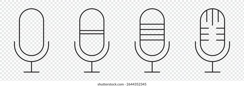 Conjunto de iconos de línea de micrófono. Elementos de Vector Stroke para un diseño de moda. Pictogramas simples para App de concepto y Web móviles. Iconos de línea de Vector aislados sobre un fondo blanco.