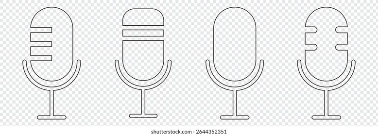 Conjunto de iconos de línea de micrófono. Elementos de Vector Stroke para un diseño de moda. Pictogramas simples para App de concepto y Web móviles. Iconos de línea de Vector aislados sobre un fondo blanco.
