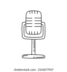Microphone line sketch. Podcast or music item. Editable outline. Hand drawn black and white vector icon