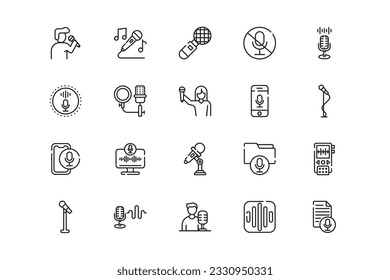 Microphone lines icon set. Microphone genres and attributes. Linear design. Lines with editable stroke. Isolated vector icons.