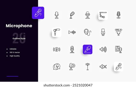 Conjunto de iconos de líneas de micrófono. Géneros y atributos del micrófono. Diseño lineal. Líneas con trazo editable. Iconos aislados del vector.